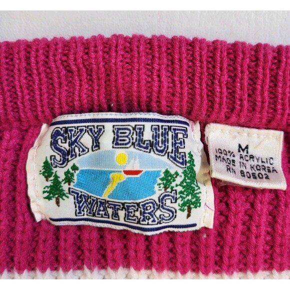 Vtg V-Neck Pink White Striped Sweater Women M Retro Sky Blue Waters Acrylic 80s - Picture 2 of 6